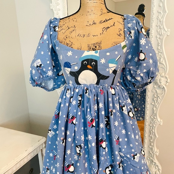 SALE New York Couture Handmade Penguins Cottagecore Puff Sleeve Dress - Picture 5 of 6